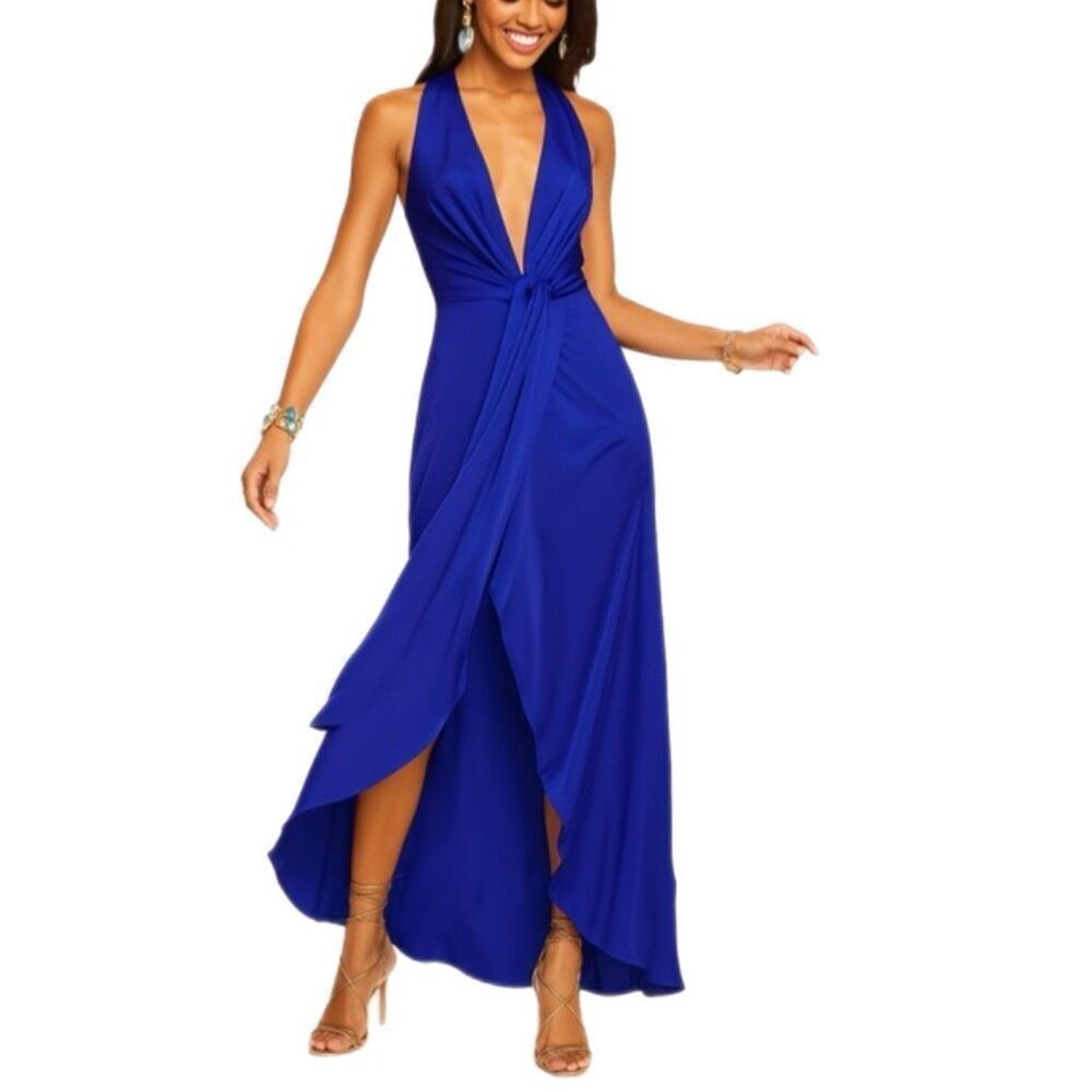 NWT  Ramy Brook Ashlyne Plunging Maxi Dress in royal blue satin, size 8